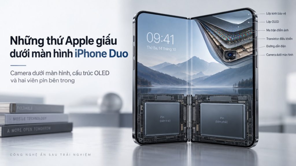 Những gì Apple giấu dưới màn hình iPhone Duo Minh họa camera dưới màn hình OLED và hai vùng pin bên trong iPhone Duo