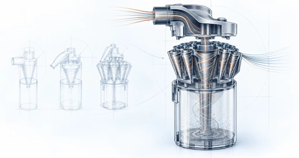 Dyson và 5.127 nguyên mẫu: Từ một sản phẩm đến danh mục sáng chế Minh họa cụm phân tách cyclone tách lớp và các phương án nguyên mẫu máy hút bụi