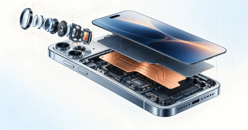 iPhone 18 Pro và những thay đổi kỹ thuật phía sau camera, màn hình và thời lượng pin Minh họa kỹ thuật cụm camera tách lớp, màn hình và buồng hơi tản nhiệt của điện thoại