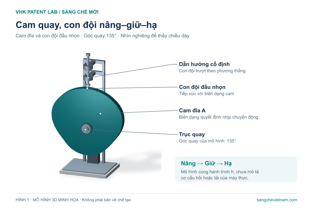 Đổi hình dạng cam, vì sao chuyển động của máy thay đổi? Mô hình 3D cam đĩa, trục quay, con đội đầu nhọn và dẫn hướng cố định; con đội chuyển động thẳng qua tâm trục.